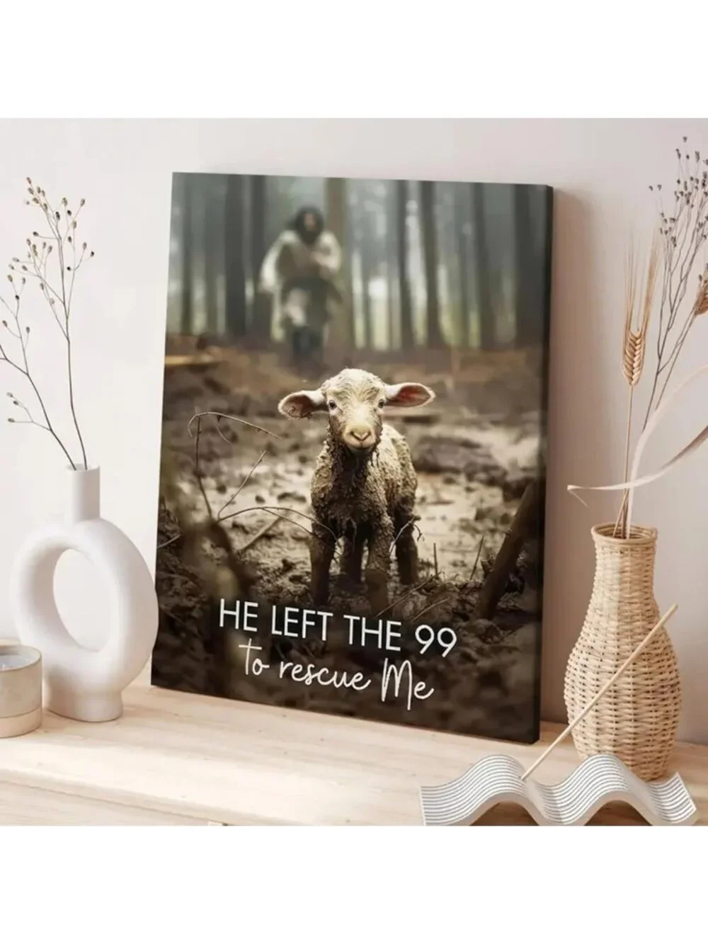 Christian Wall Art - Jesus & Lost Sheep Canvas, Framed Scripture Decor 15.7x11.8